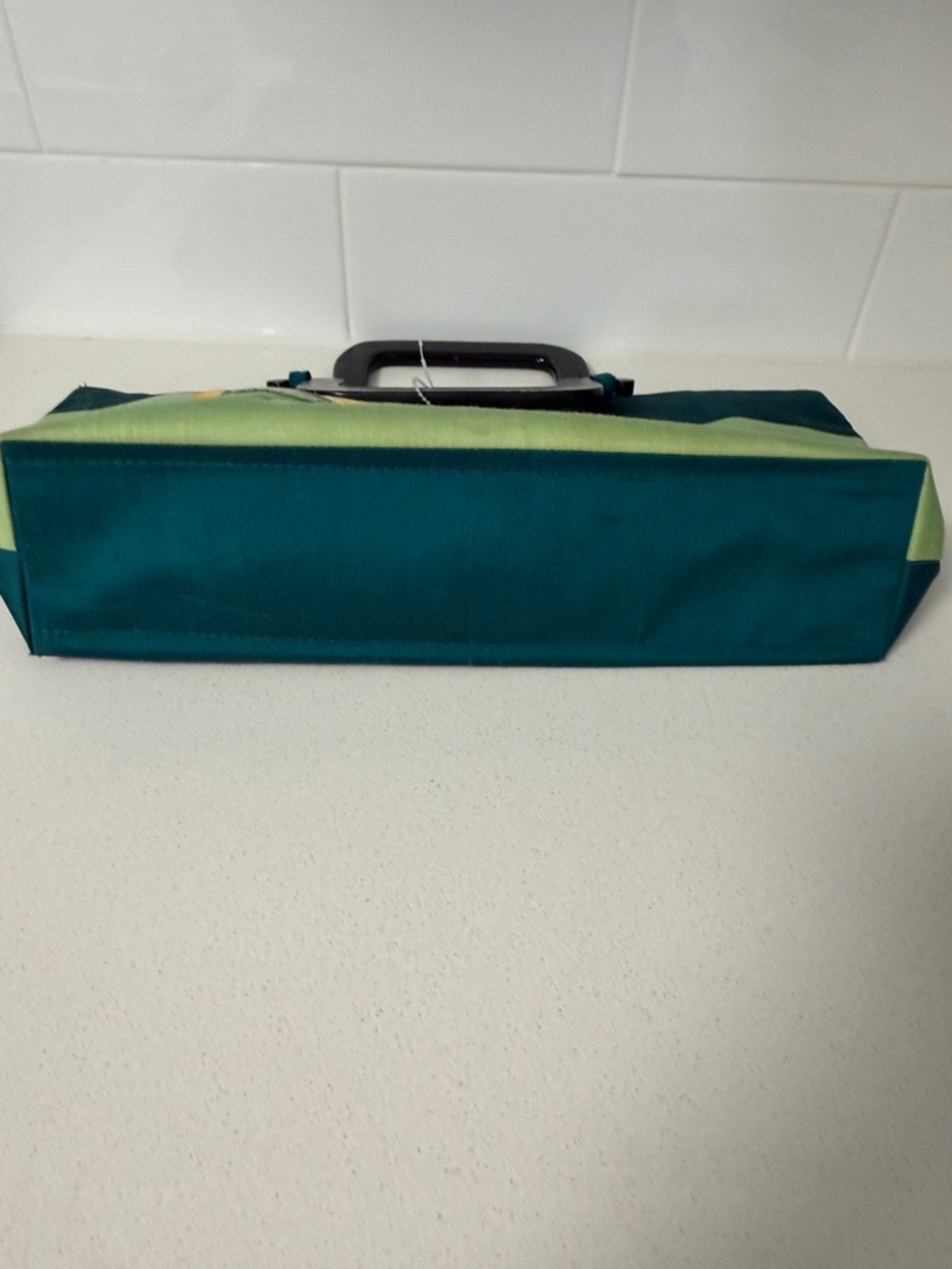 Floral Embroidered Satin Green Tote Bag with Teal Accent - Picture 5 of 6